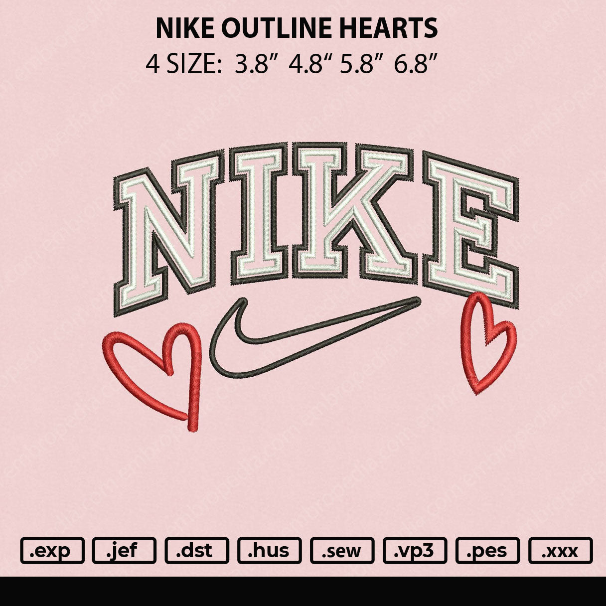 Nike Outline Hearts Embroidery File 4 size