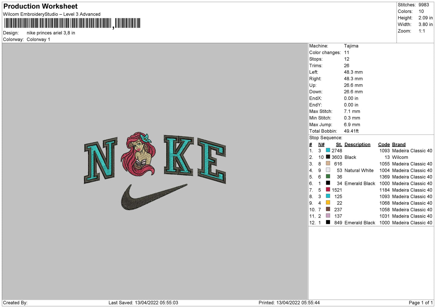 Nike Princess Ariel Embroidery File 4 sizes