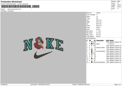 Nike Princess Ariel Embroidery File 4 sizes