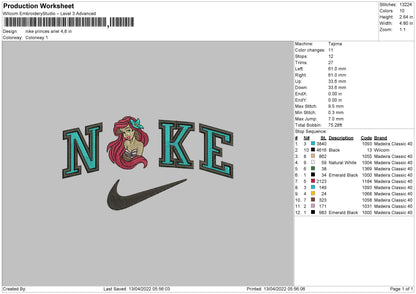 Nike Princess Ariel Embroidery File 4 sizes