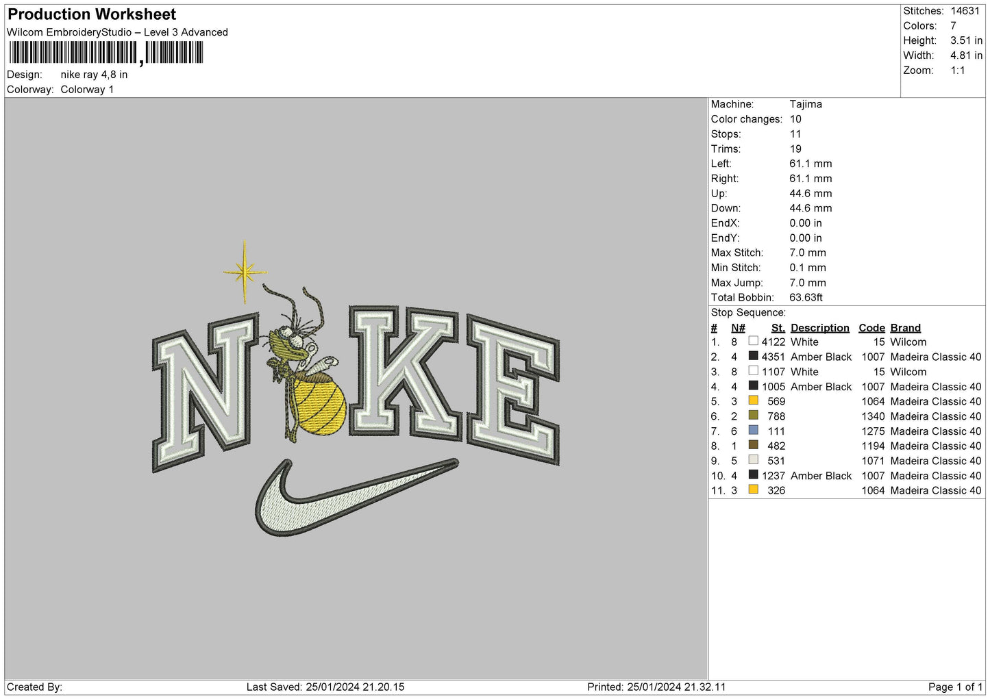 Nike ray Embroidery File 6 sizes