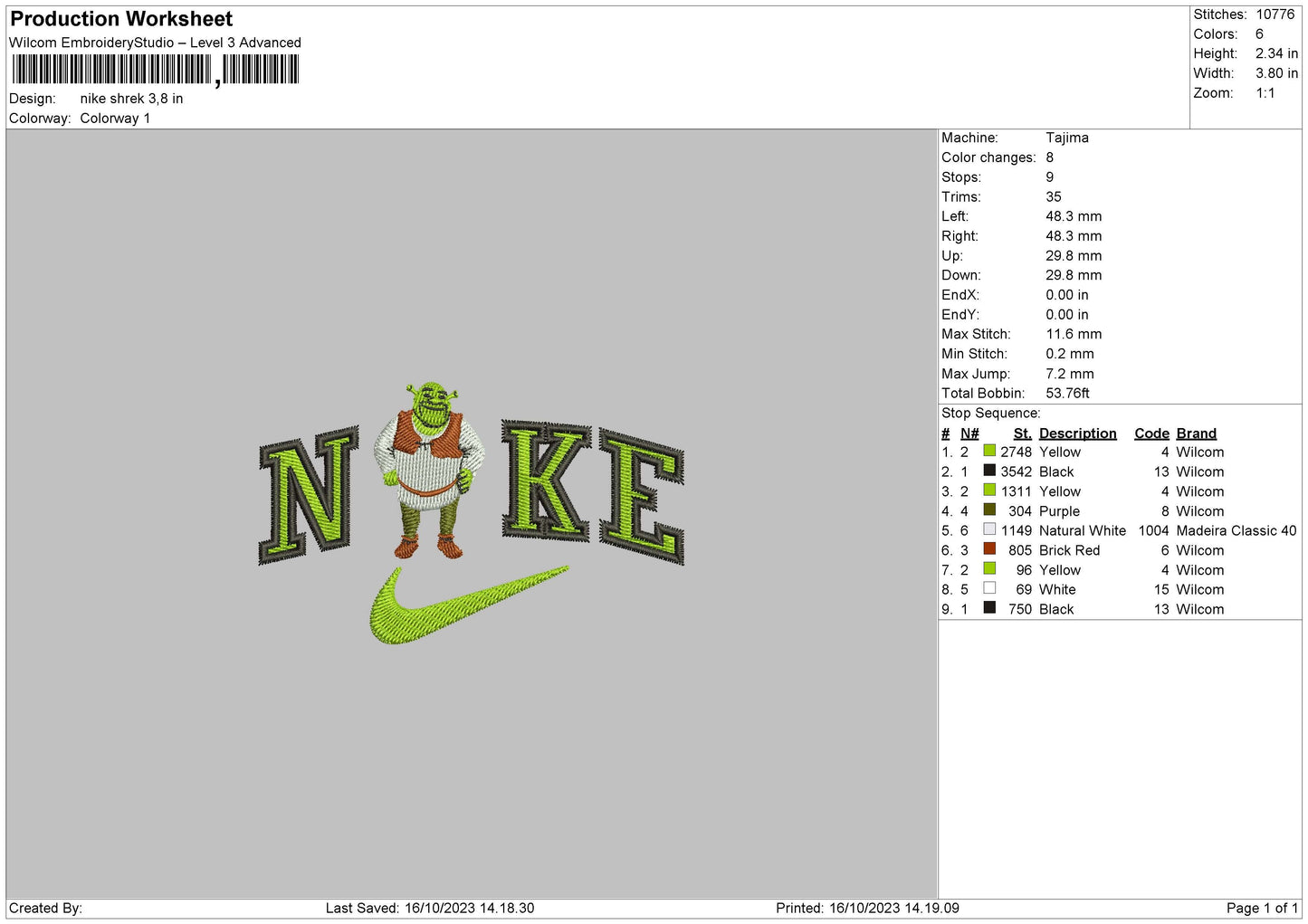 Nike Shrek Embroidery File 6 sizes
