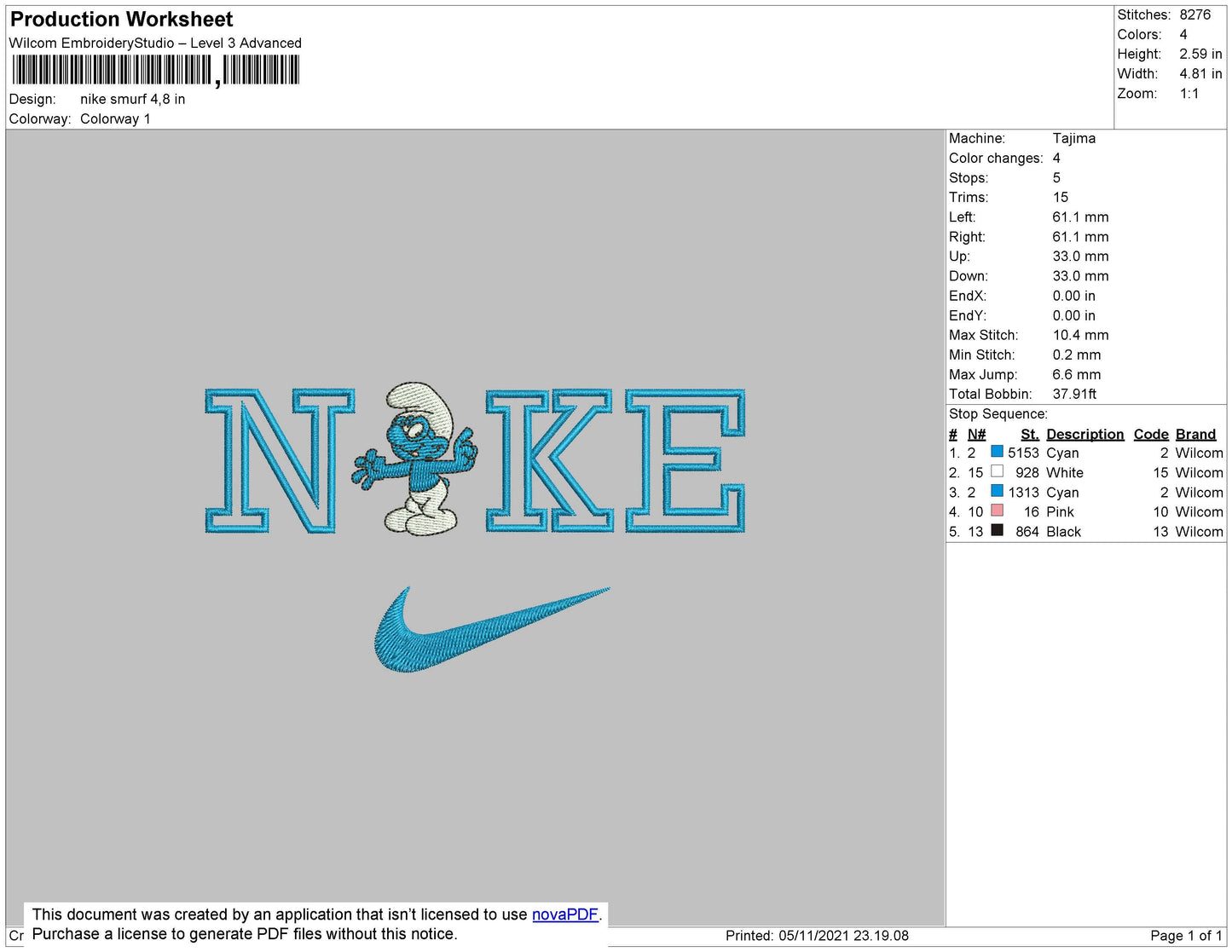 Nike Smurf Embroidery File 4 size