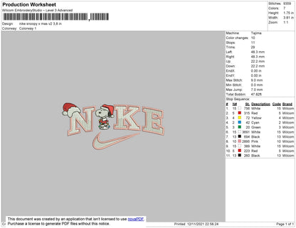 Nike Snoopy Xmas Embroidery File 4 size