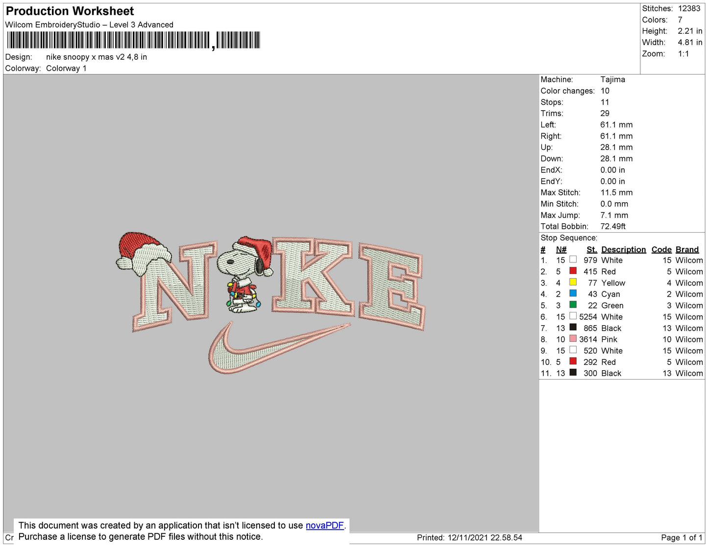 Nike Snoopy Xmas Embroidery File 4 size