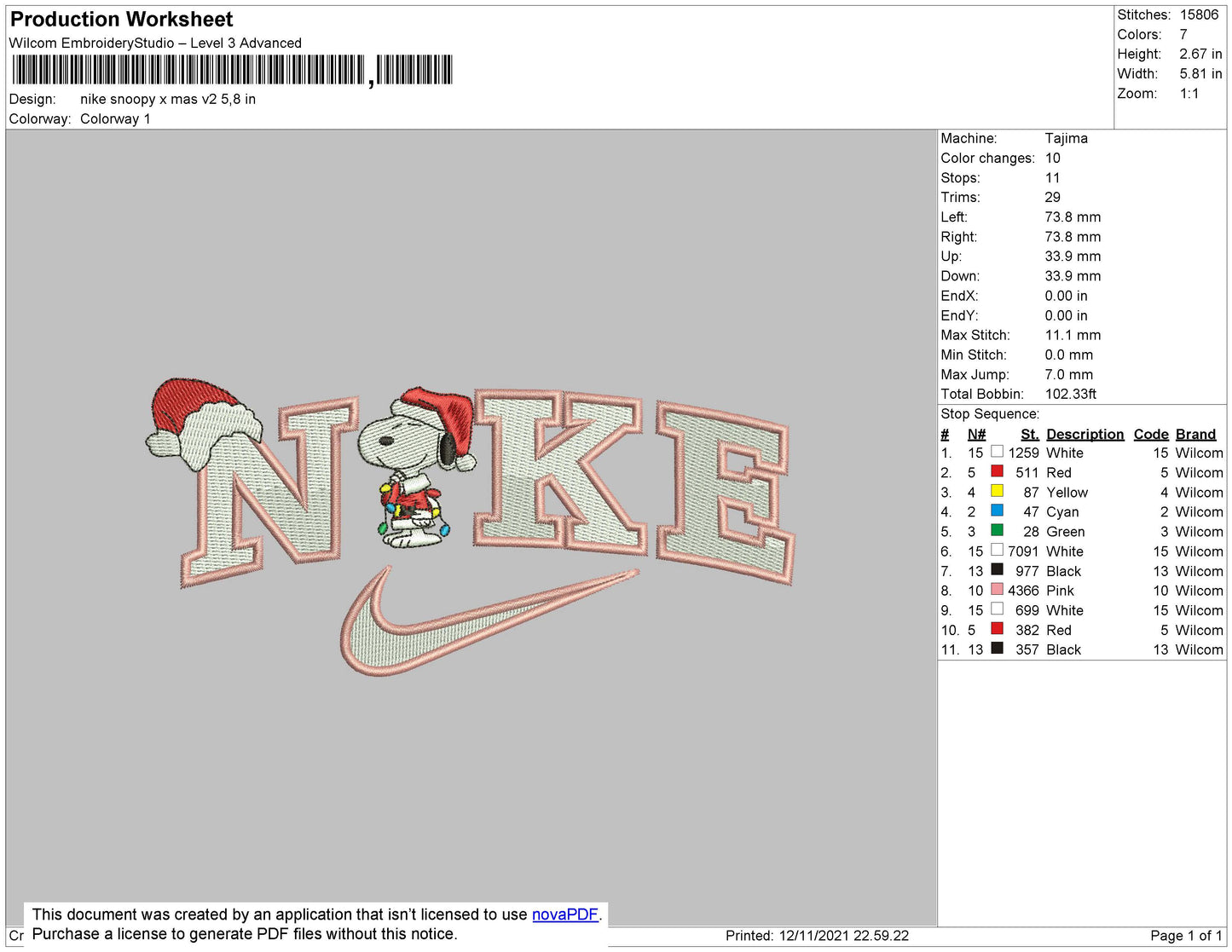 Nike Snoopy Xmas Embroidery File 4 size