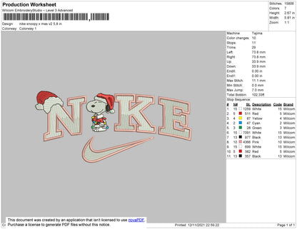 Nike Snoopy Xmas Embroidery File 4 size