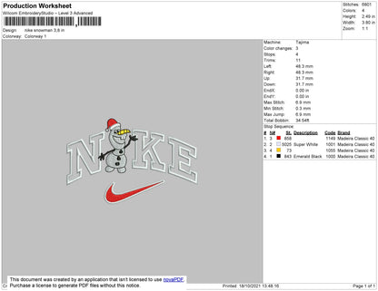 Nike Snowman Embroidery File 4 Size