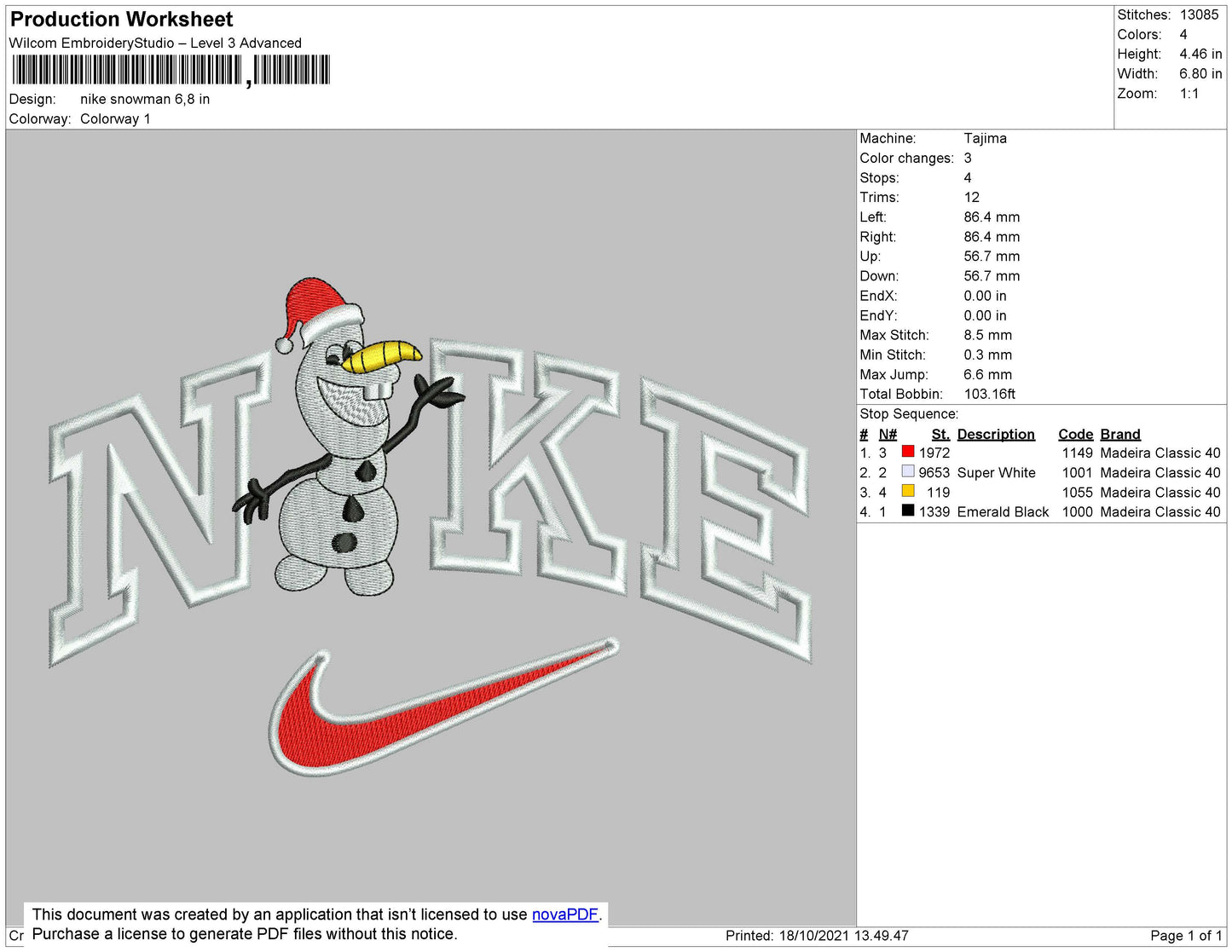 Nike Snowman Embroidery File 4 Size