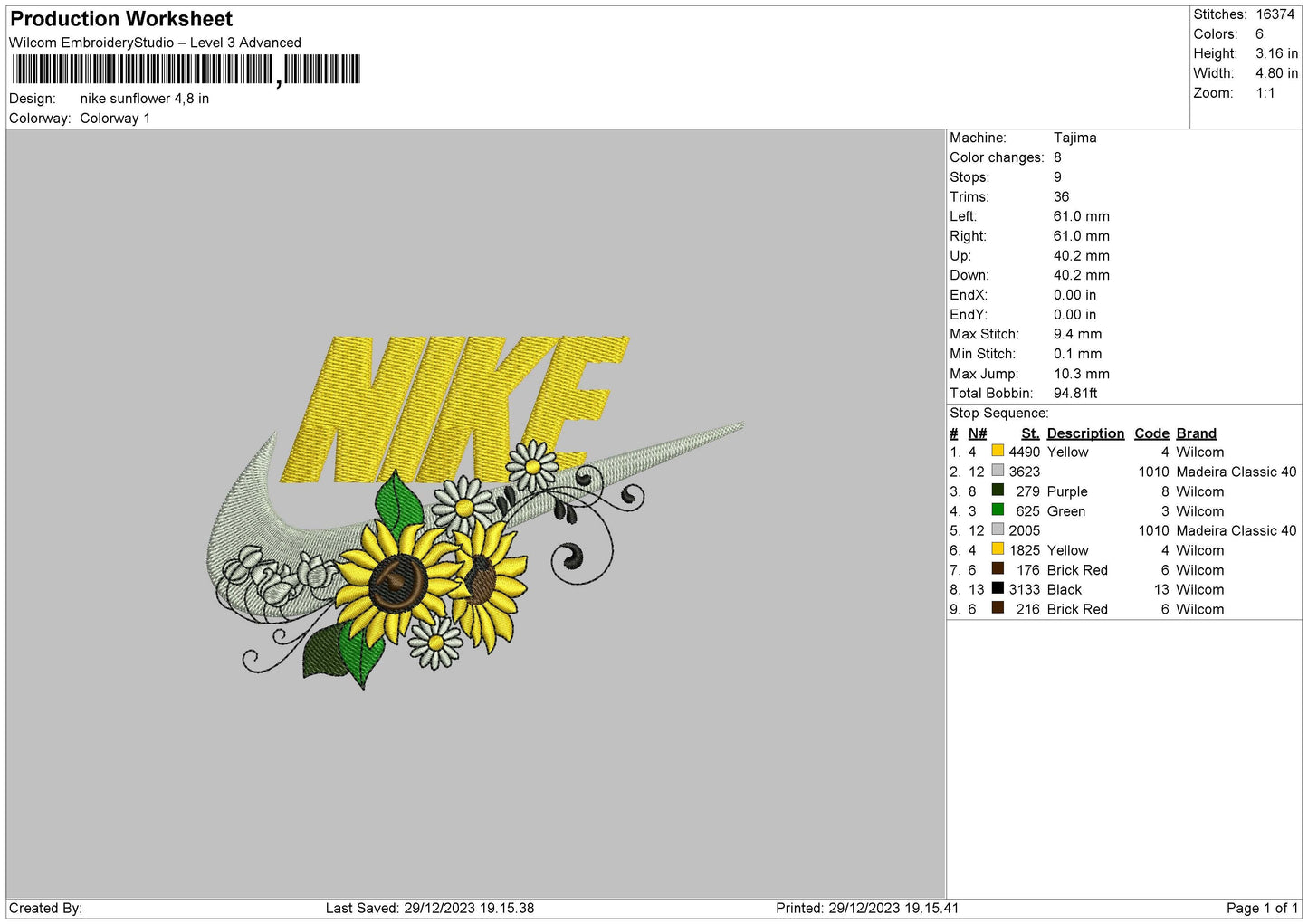 Nike Sunflower Embroidery File 6 sizes