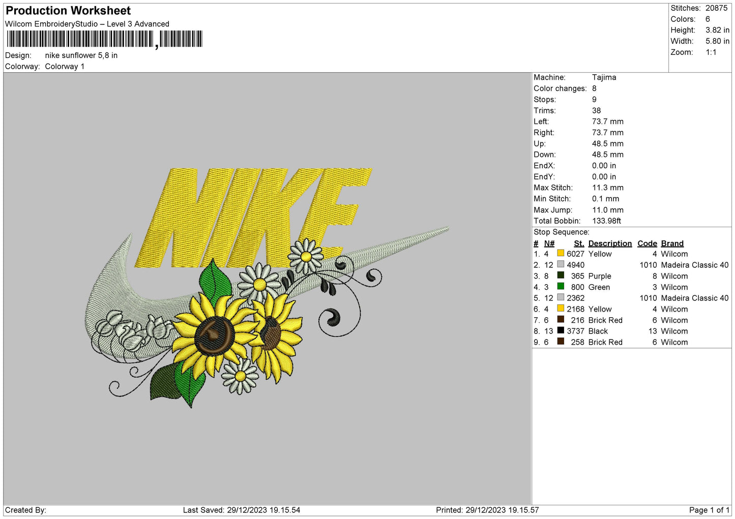 Nike Sunflower Embroidery File 6 sizes