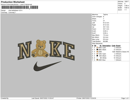 Nike TeddyBear Embroidery File 4 sizes