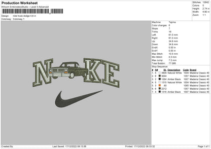 Nike Truck Dodge Embroidery File 6 sizes