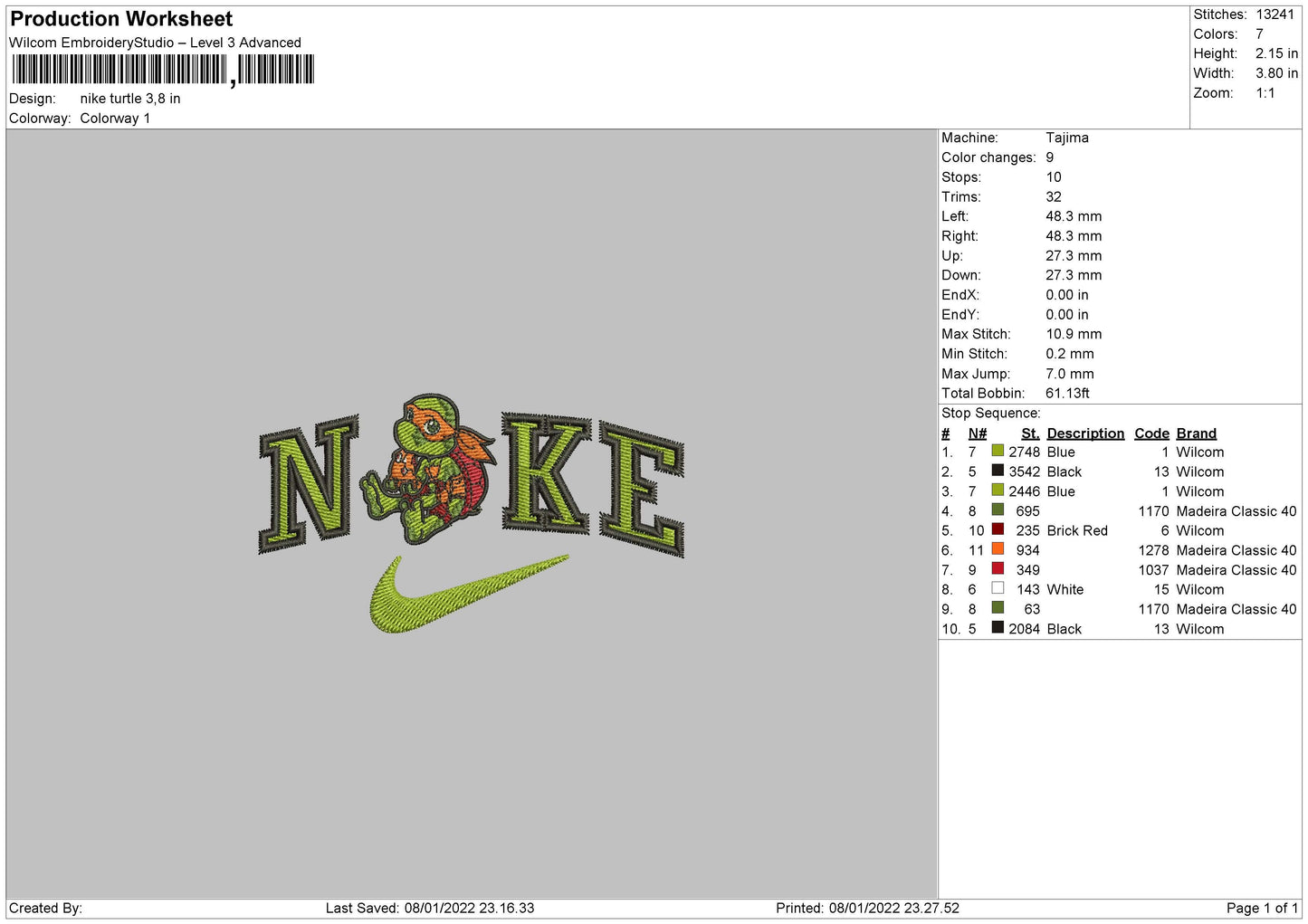 Nike Turtle Embroidery File 4 size