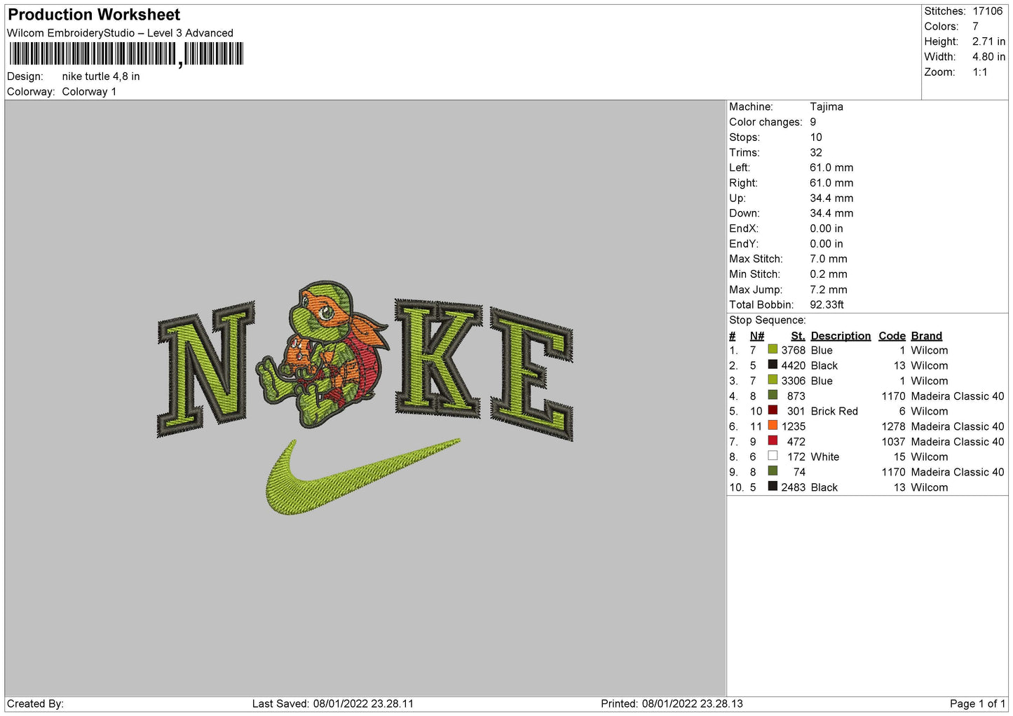 Nike Turtle Embroidery File 4 size