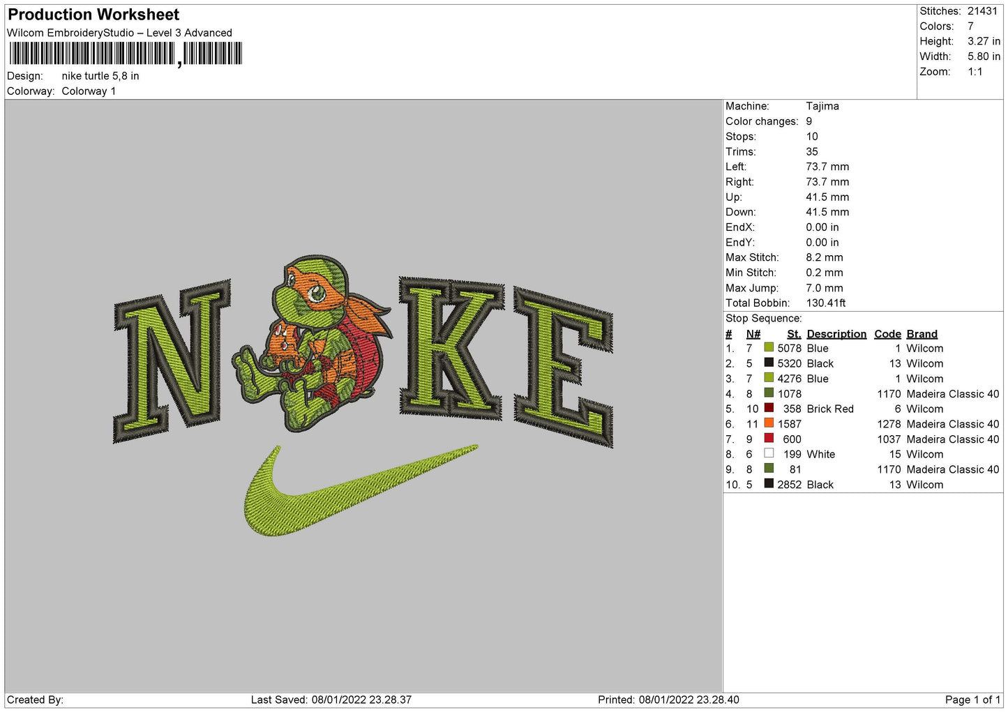 Nike Turtle Embroidery File 4 size