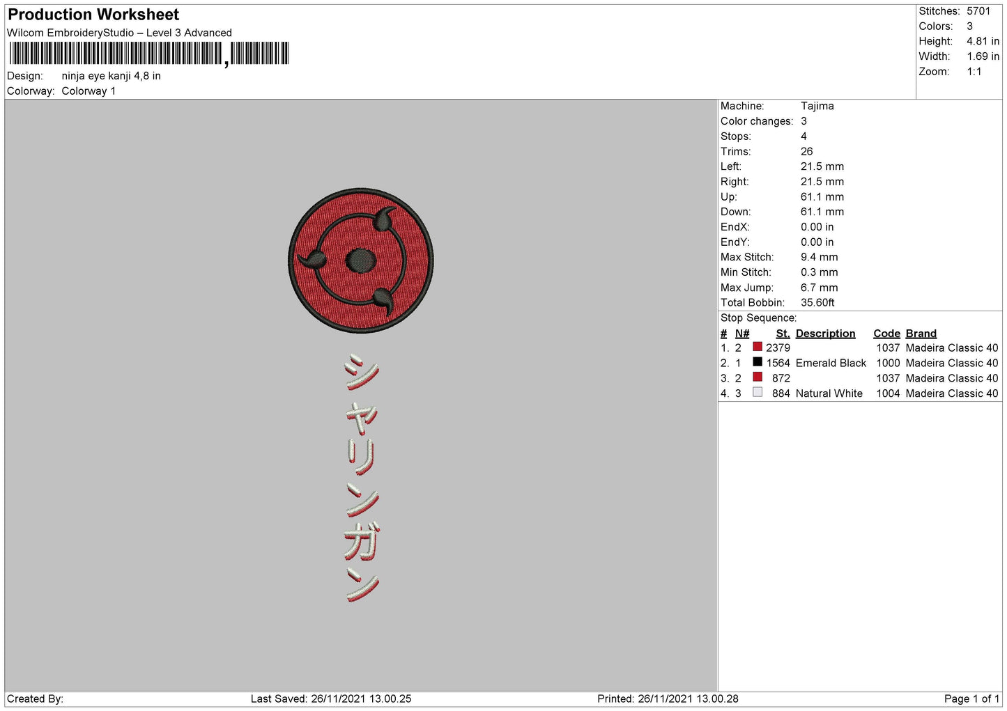 Ninja Eye Kanji Embroidery File 4 size
