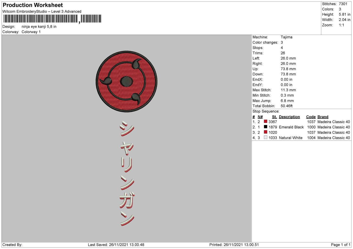 Ninja Eye Kanji Embroidery File 4 size