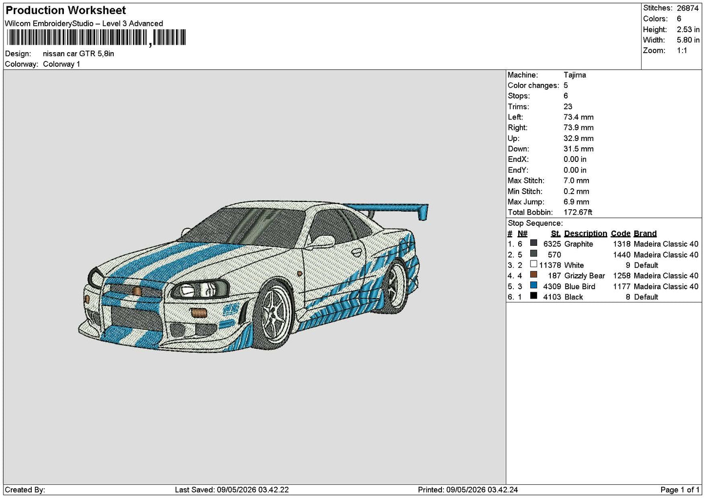 Car Gtr 0605 Embroidery File 6 sizes
