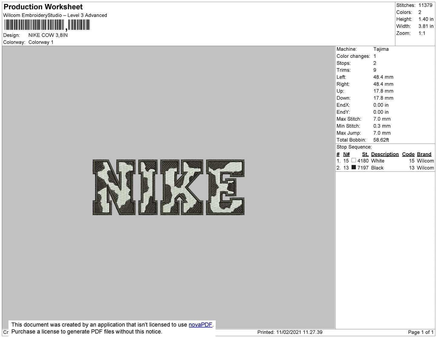 Nike Cow Black Pattern Embroidery File 4 size