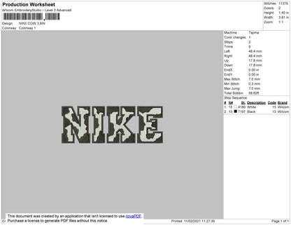 Nike Cow Black Pattern Embroidery File 4 size