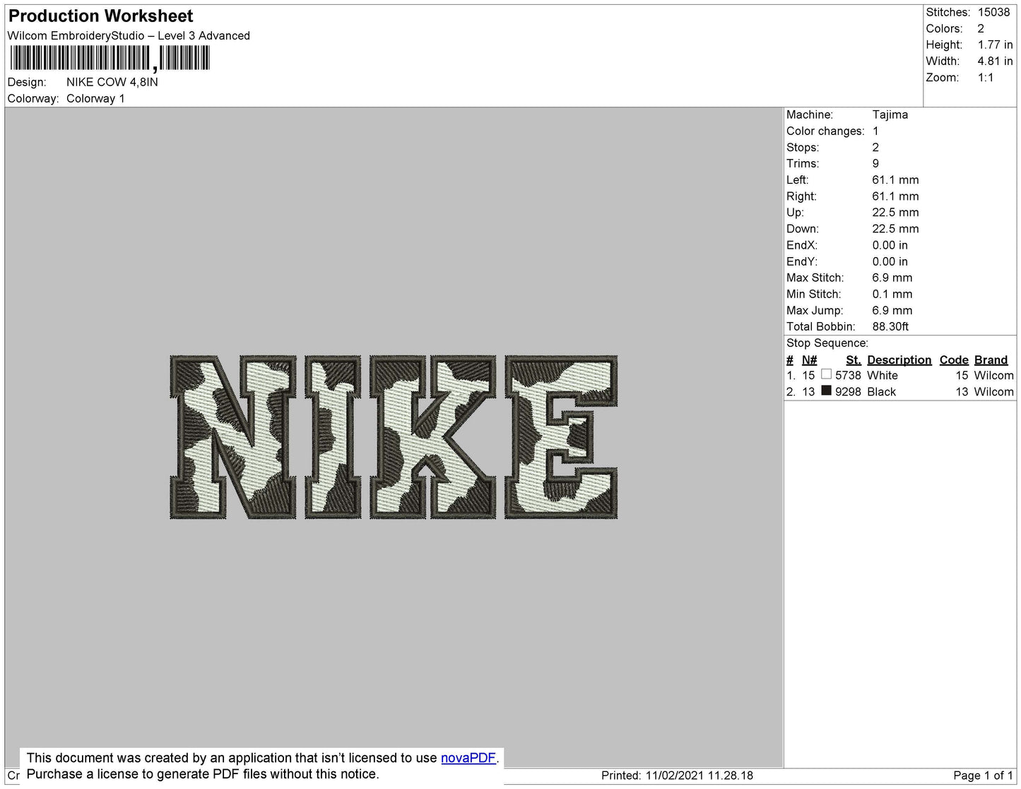 Nike Cow Black Pattern Embroidery File 4 size