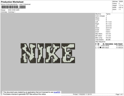 Nike Cow Black Pattern Embroidery File 4 size