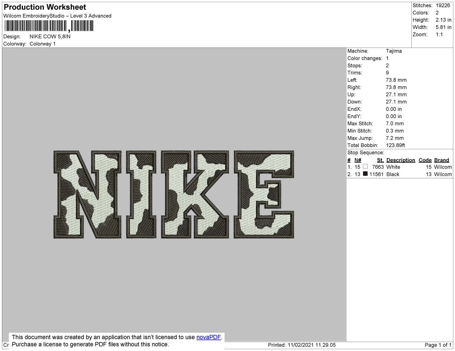 Nike Cow Black Pattern Embroidery File 4 size