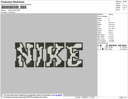 Nike Cow Black Pattern Embroidery File 4 size
