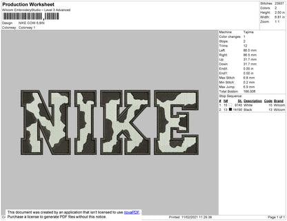 Nike Cow Black Pattern Embroidery File 4 size