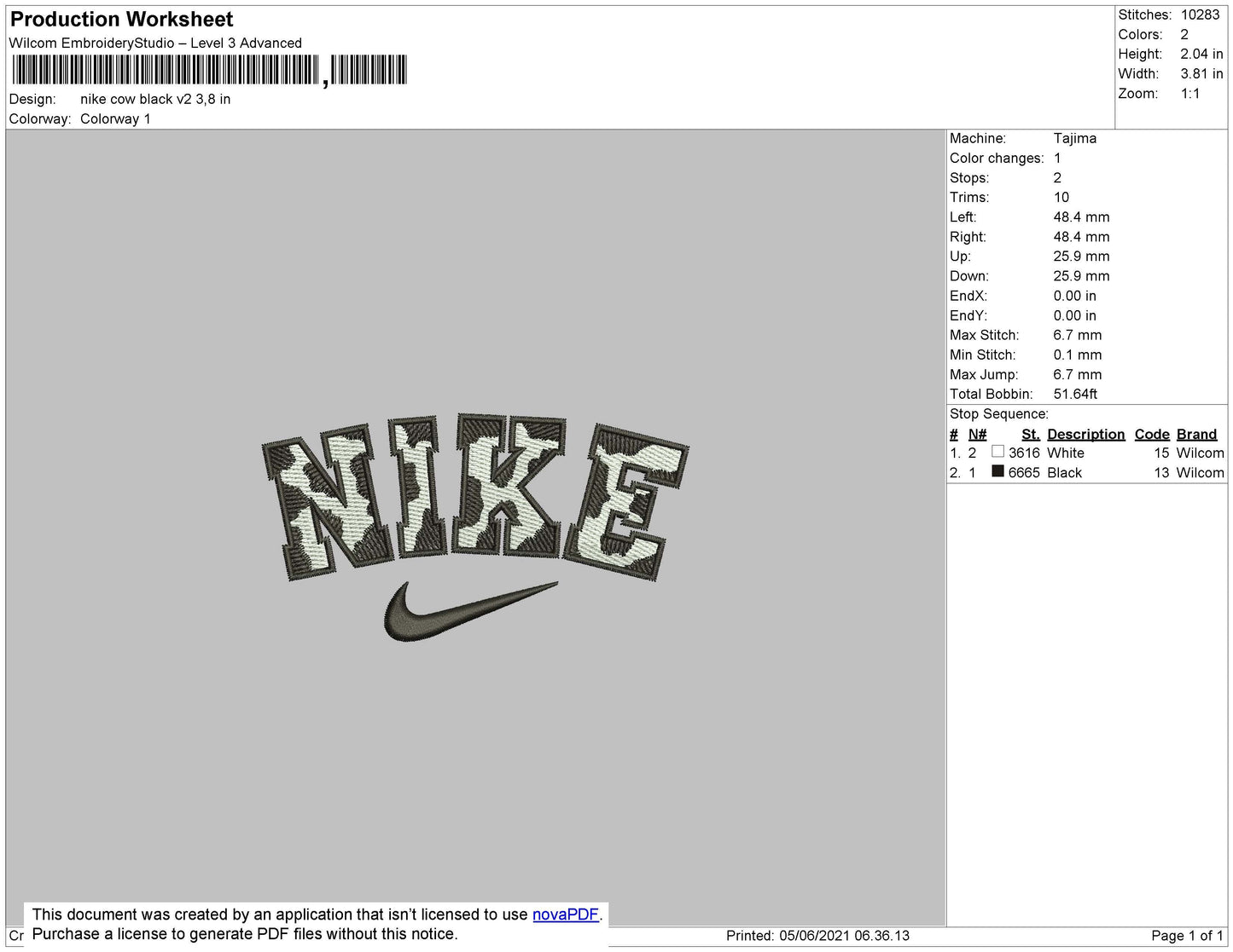Nike Cow Black V2 Embroidery File 7 size