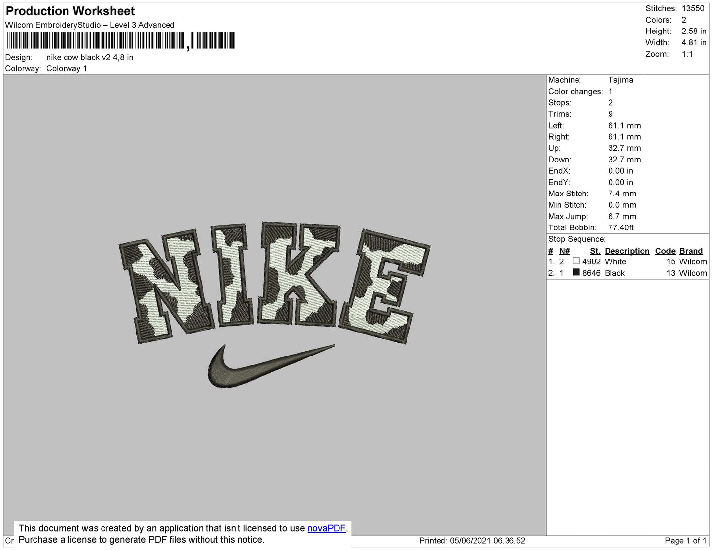 Nike Cow Black V2 Embroidery File 7 size