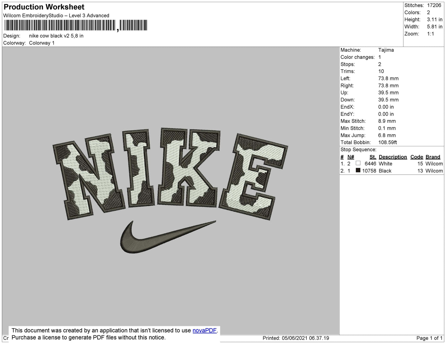 Nike Cow Black V2 Embroidery File 7 size