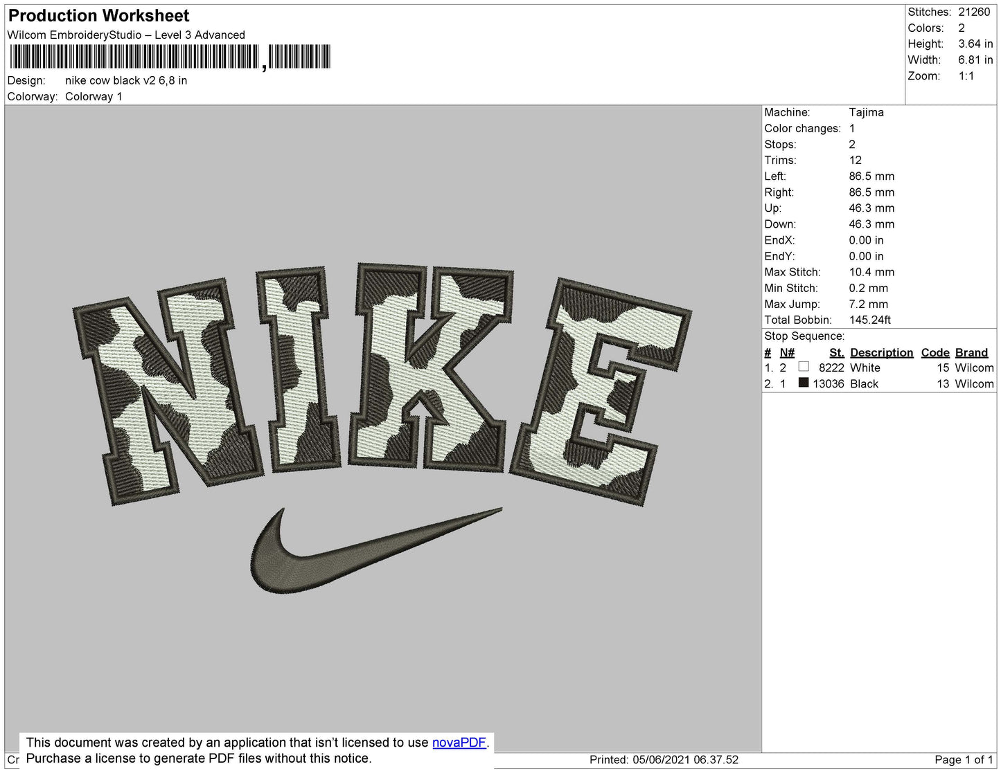 Nike Cow Black V2 Embroidery File 7 size