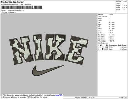 Nike Cow Black V2 Embroidery File 7 size