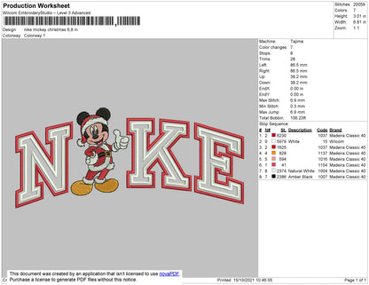Nike Mickey Christmas Embroidery File 4 size