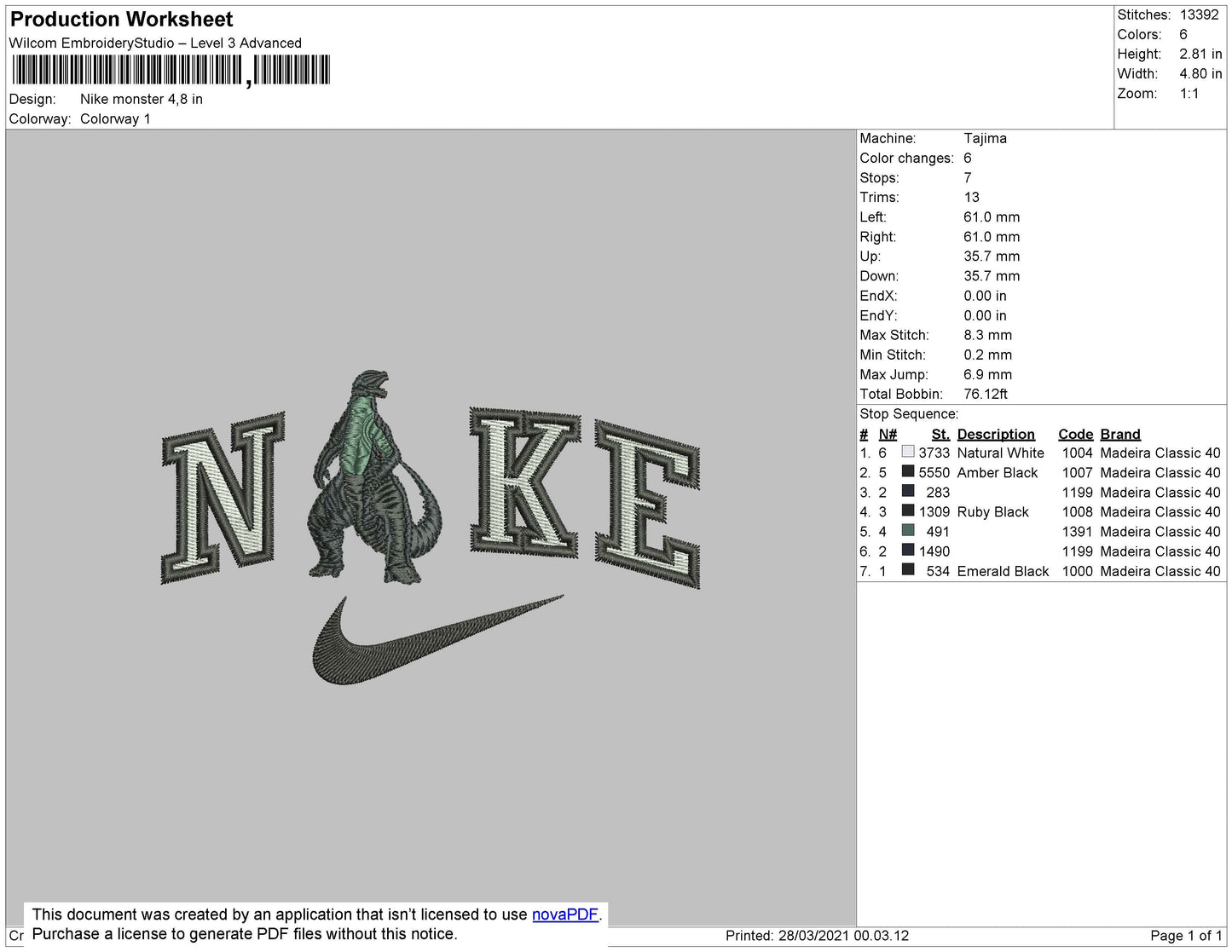 Nike Godzilla Embroidery File 4 size
