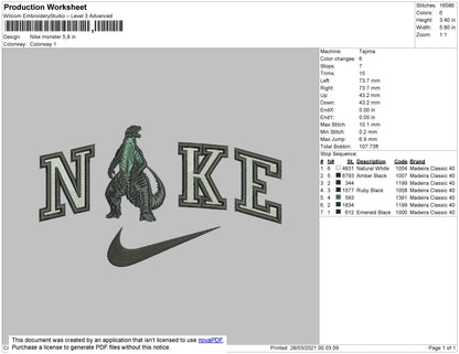 Nike Godzilla Embroidery File 4 size