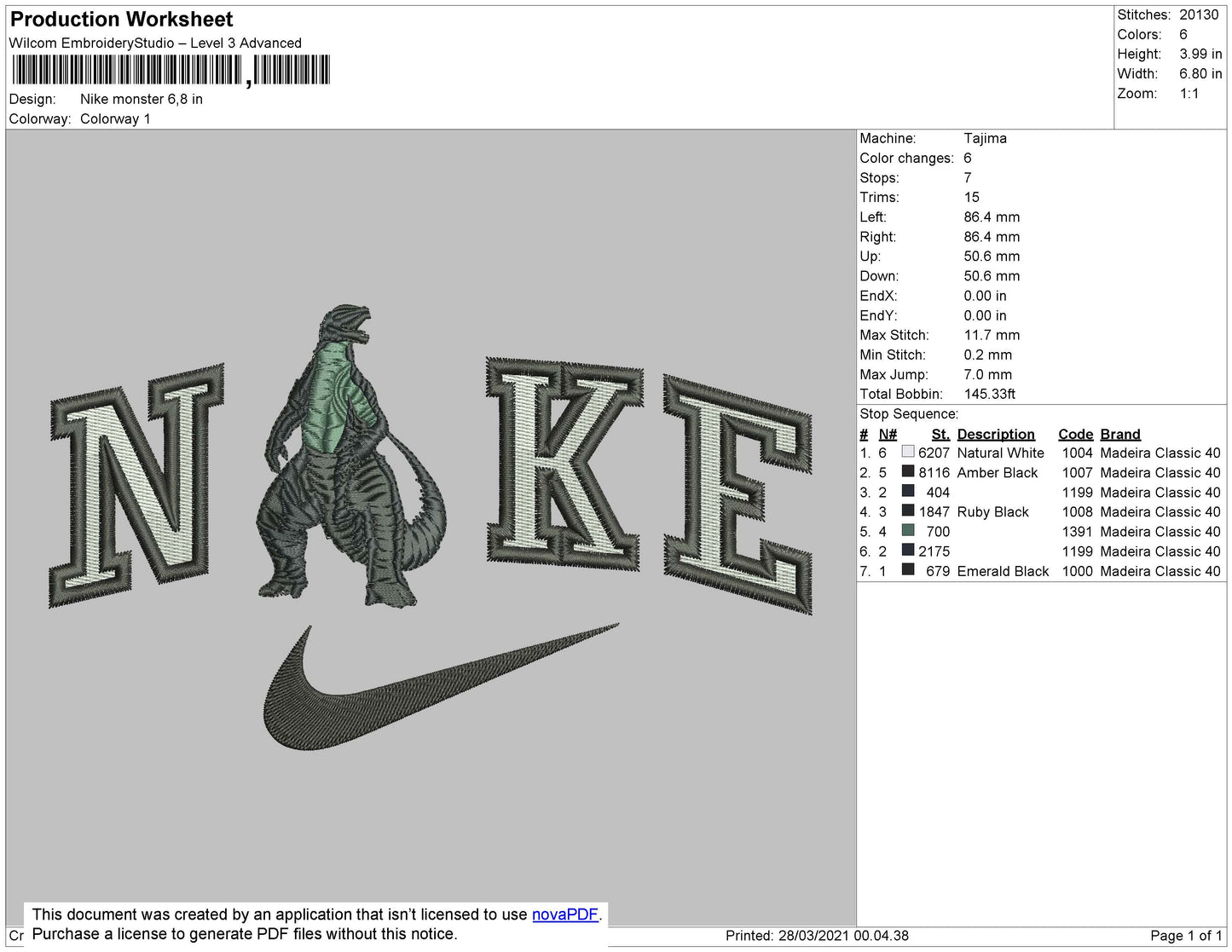 Nike Godzilla Embroidery File 4 size