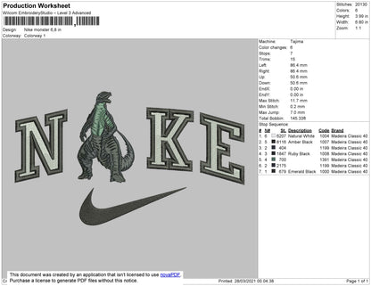 Nike Godzilla Embroidery File 4 size