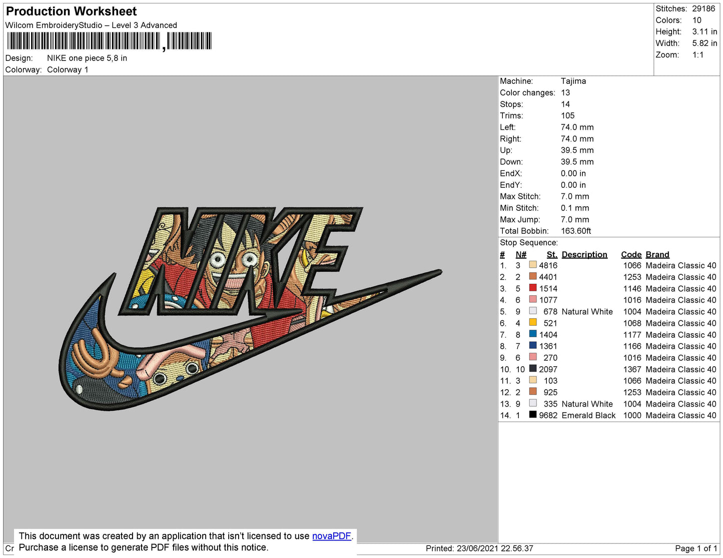 Nike One Piece Embroidery File 5 size