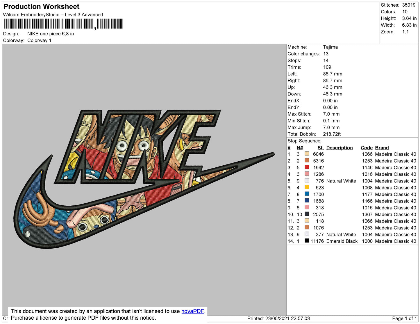 Nike One Piece Embroidery File 5 size