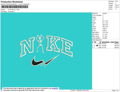 Nike Skull Embroidery File 8 Size
