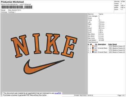 Nike Swoosh Orange Embroidery File 4 size
