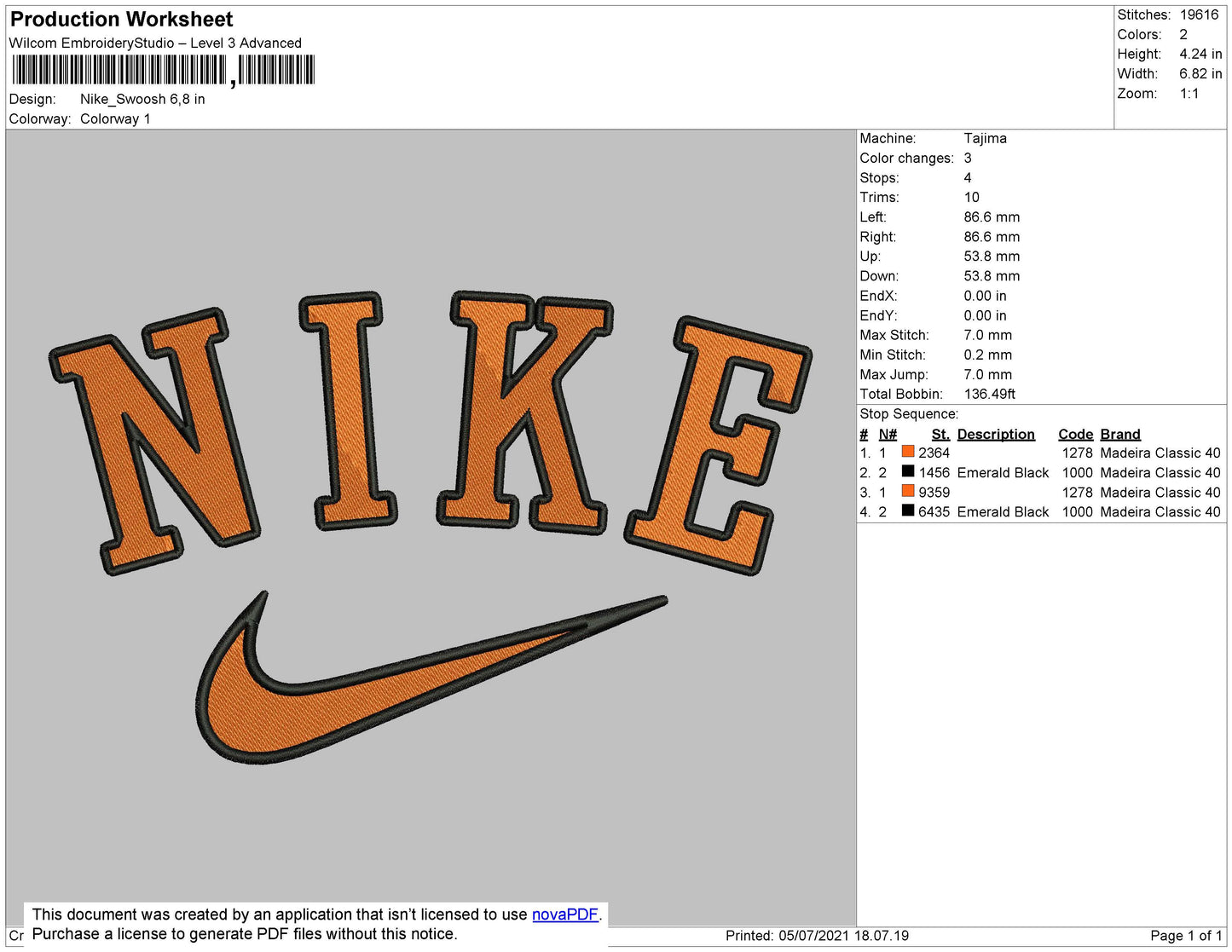Nike Swoosh Orange Embroidery File 4 size