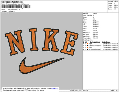 Nike Swoosh Orange Embroidery File 4 size