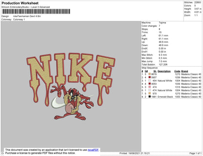 Nike Tasmanian Embroidery File 4 size