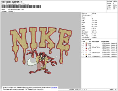 Nike Tasmanian Embroidery File 4 size