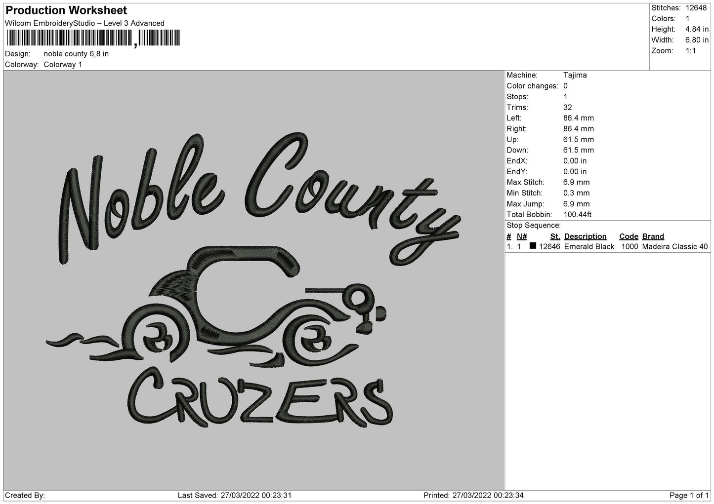Noble County Embroidery File 4 size