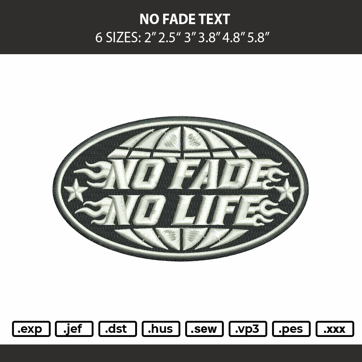 No Fade Text Embroidery Machine Design File 6 sizes